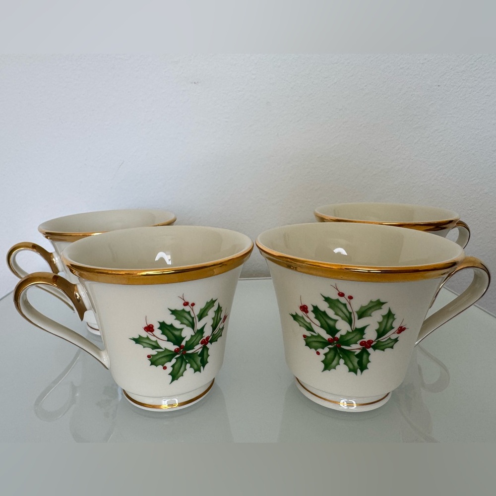 Lenox Holiday 4 Cups Set Made in USA Dimension Collection Fine Bone China Gold